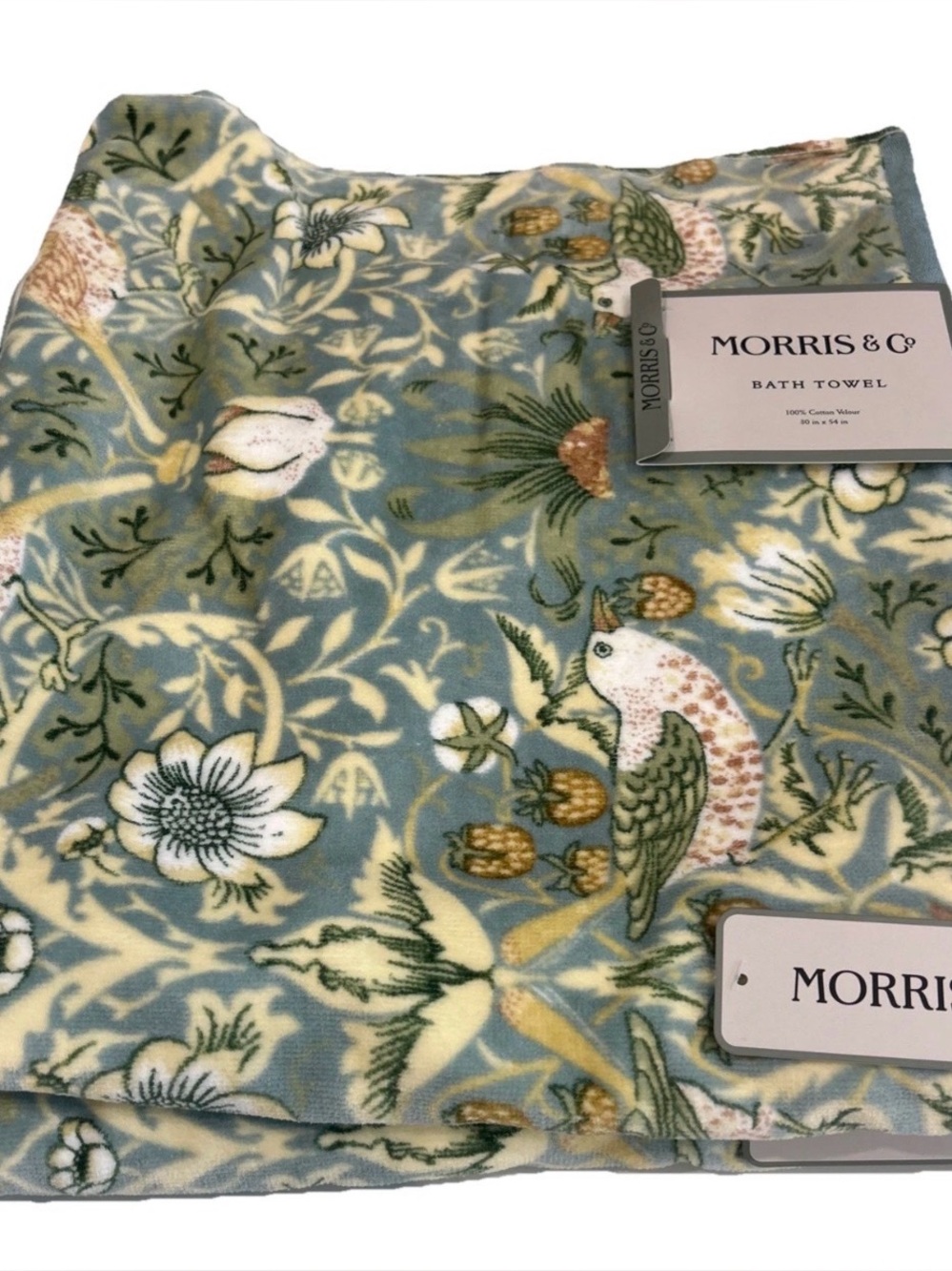 William Morris Co Bath Towels Strawberry Thief Green Velour 2 Pc Set NEW